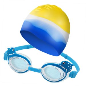 Set complet de inot pentru copii, mediLOGIC™, contine ochelari de inot, casca inot, clips nazal si dopuri pentru urechi, 3-6 ani, albastru