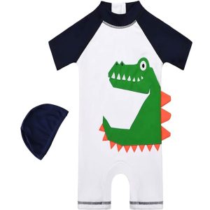 Costum de baie UV pentru copii, maneci scurte, fermoar si casca, 110cm, UPF50+, bebeLOGIC™