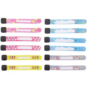 Set 12 bratari identificare copii, inscriptionabile, nume, numar telefon, anti pierdere, refolosibile, multicolor, bebeLOGIC™