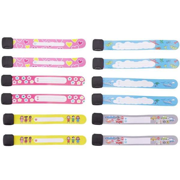 Set 12 bratari identificare copii, inscriptionabile, nume, numar telefon, anti pierdere, refolosibile, multicolor, bebeLOGIC™