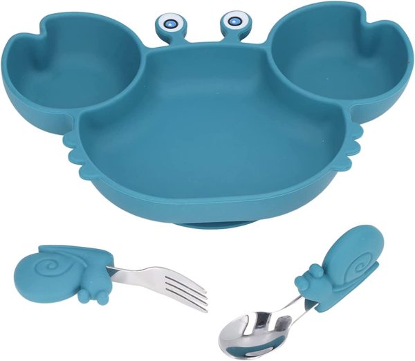 Set diversificare din silicon, platou cu furculita si lingura, vesela mic dejun, pranz, cina, model crab, bebeLOGIC™