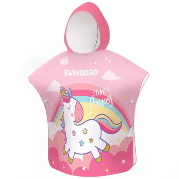 Prosop poncho de plaja din microfibra, super absorbant, uscare rapida, ultra compact, potrivit pentru inot copii 5 - 12 ani, model UNICORN, roz, bebeLOGIC™