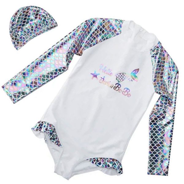 Costum de baie UV pentru copii, maneci lungi, fermoar si casca, 110cm, UPF50+, model sirena, bebeLOGIC™